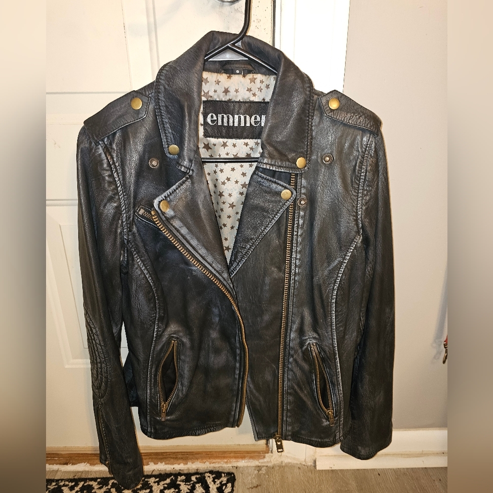 Women's Small Dark Blue Leather Jacket with Gold Accents